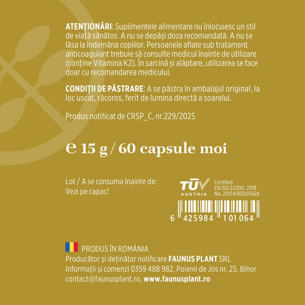 Etichetă desfășurată capsule Vitamina D3+K2 de la Faunus Plant, cu atenționări, cantitate și detalii despre producător, cod de bare și logo TUV Austria.