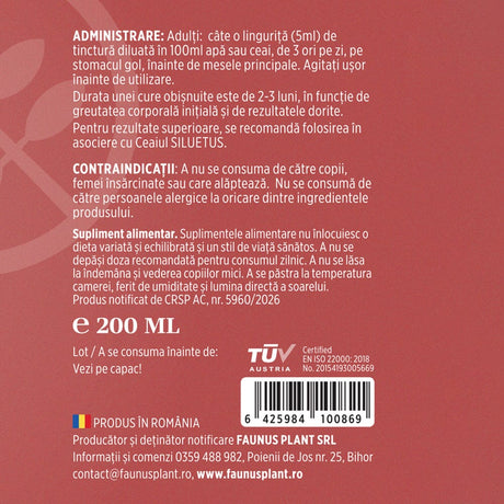 Siluetus - Tinctură fără alcool. Flacon 200ml. Formulǎ unică naturalǎ din 9 plante medicinale pentru reducerea greutății, arderea grăsimilor și detoxifiere Tinctura Compusa Faunus Plant 