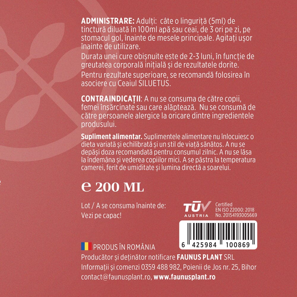 Siluetus - Tinctură fără alcool. Flacon 200ml. Formulǎ unică naturalǎ din 9 plante medicinale pentru reducerea greutății, arderea grăsimilor și detoxifiere Tinctura Compusa Faunus Plant 