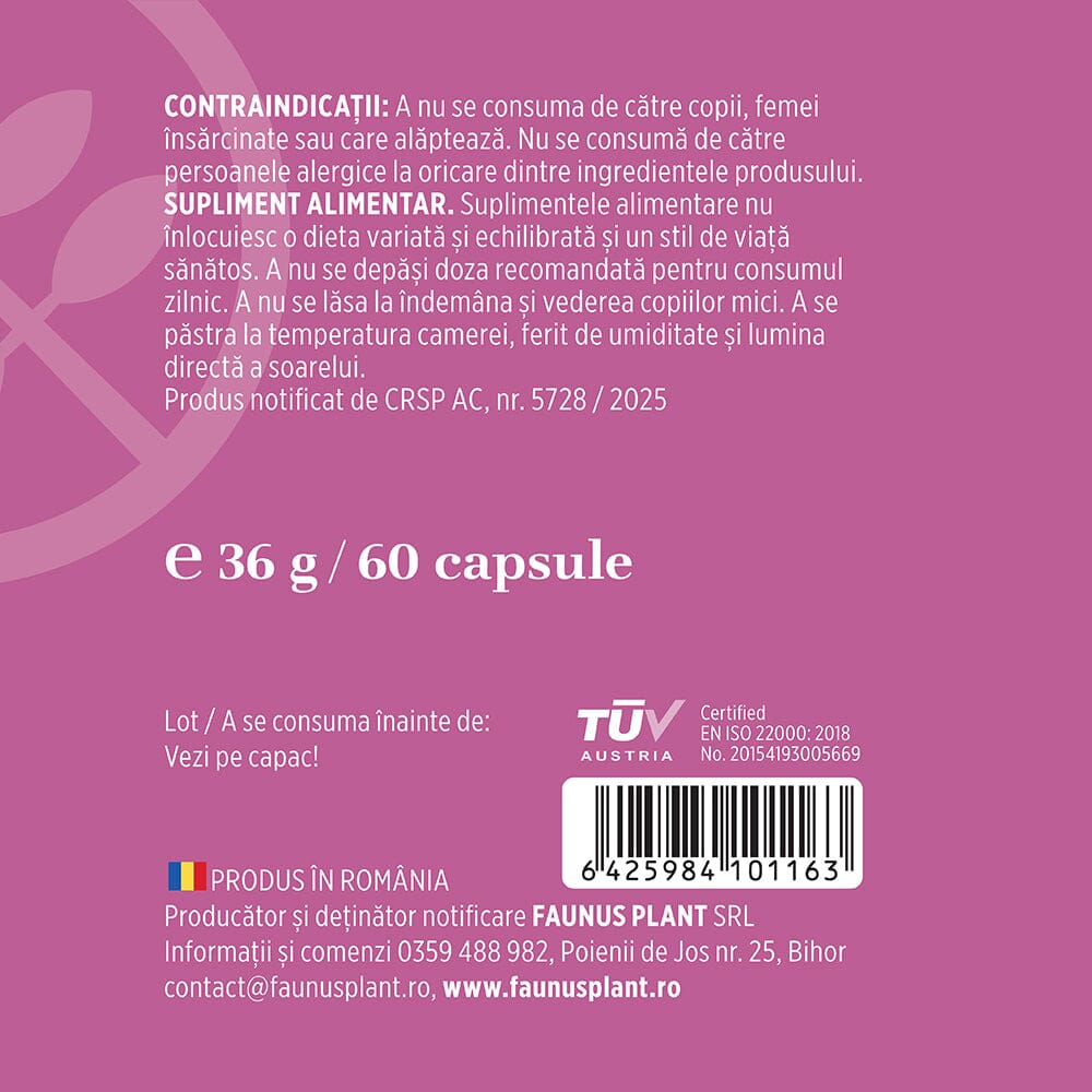 Etichetă desfășurată capsule Veinosan de la Faunus Plant, cu contraindicații, precauții, cantitate și detalii despre producător, cod de bare și logo TUV Austria.