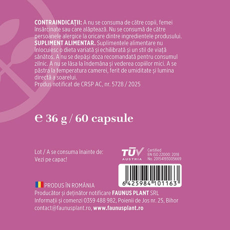 Etichetă desfășurată capsule Veinosan de la Faunus Plant, cu contraindicații, precauții, cantitate și detalii despre producător, cod de bare și logo TUV Austria.