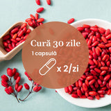 Element grafic circular afișat pe mijloc cu un text despre cura de 30 de zile cu Berberină, câte 2 capsule pe zi, având pe fundal imagine cu fructe de Berberis Aristata.