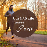 Element grafic circular afișat pe mijloc cu un text despre cura de 30 de zile cu Vitamina D3+K2, câte 1 capsulă de 2 ori pe zi, având pe fundal imagine cu un bărbat care aleargă în parc, pe o alee.