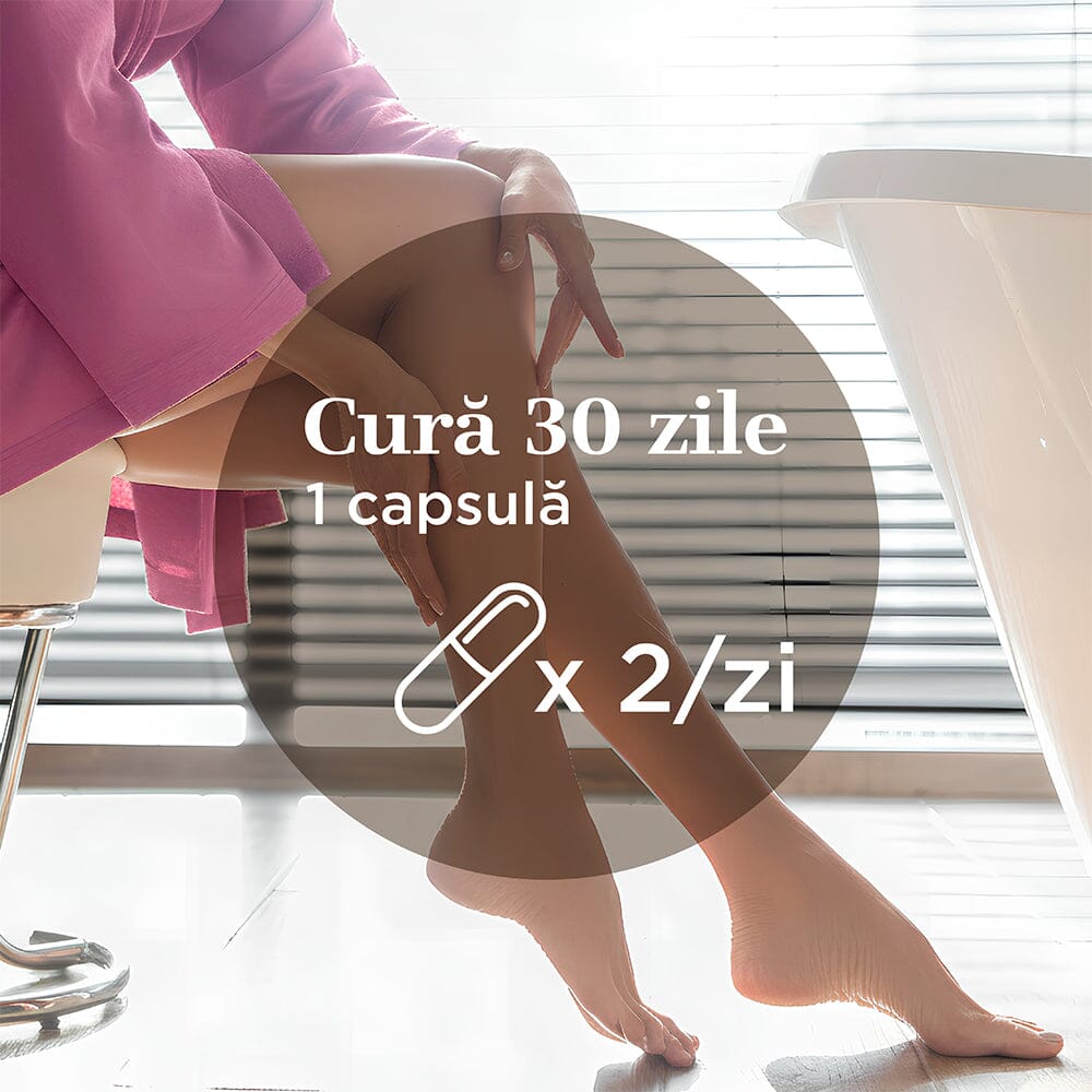 Element grafic circular afișând pe mijloc modul de administrare: 1 capsulă de două ori pe zi, timp de 30 zile, pe fundal aflându-se o imagine cu o o femeie care stă pe scaun și își masează un picior cu mâinile, îmbrăcată într-un costum office.