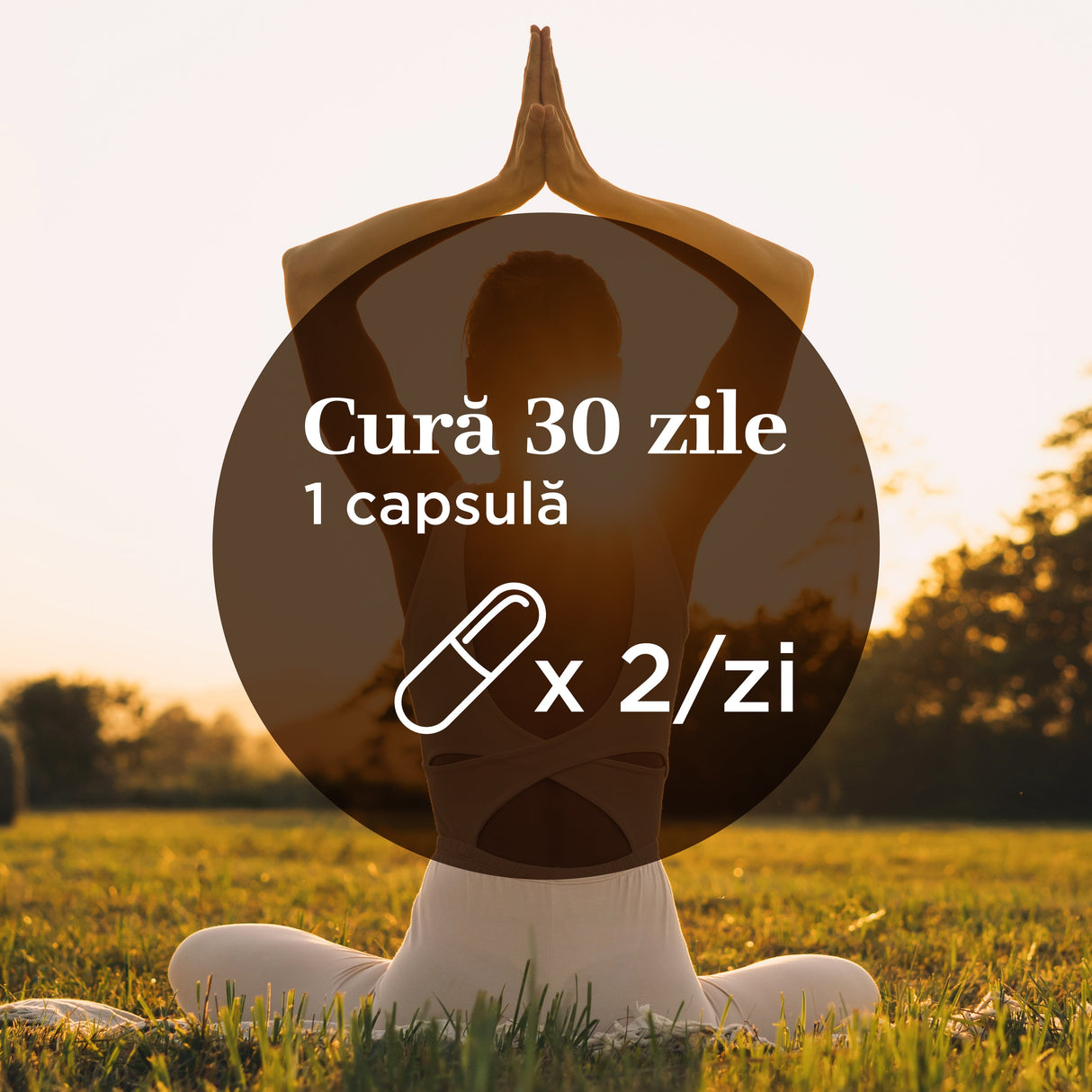 Element grafic circular afișând modul de administrare: cură 30 zile, o capsulă de 2 ori pe zi, având pe fundal o femeie în poziția lotus, fotografiată din spate, în natură.