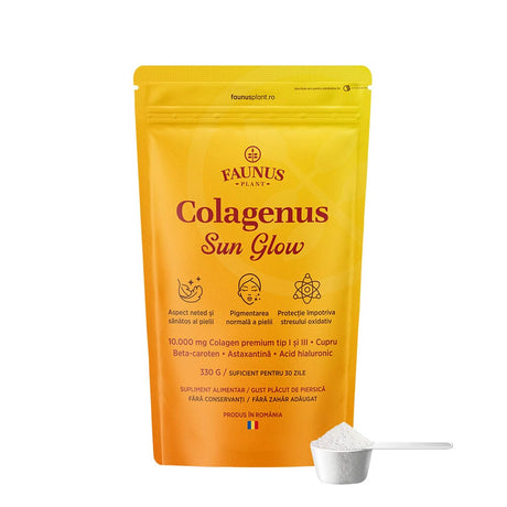 Colagenus Sun Glow – Colagen pudră pentru bronz uniform, piele radiantă și luminoasă. 10.000mg colagen, Vitamina C + E, zinc, cupru și acid hialuronic. Pudră 330g Supliment alimentar Faunus Plant 