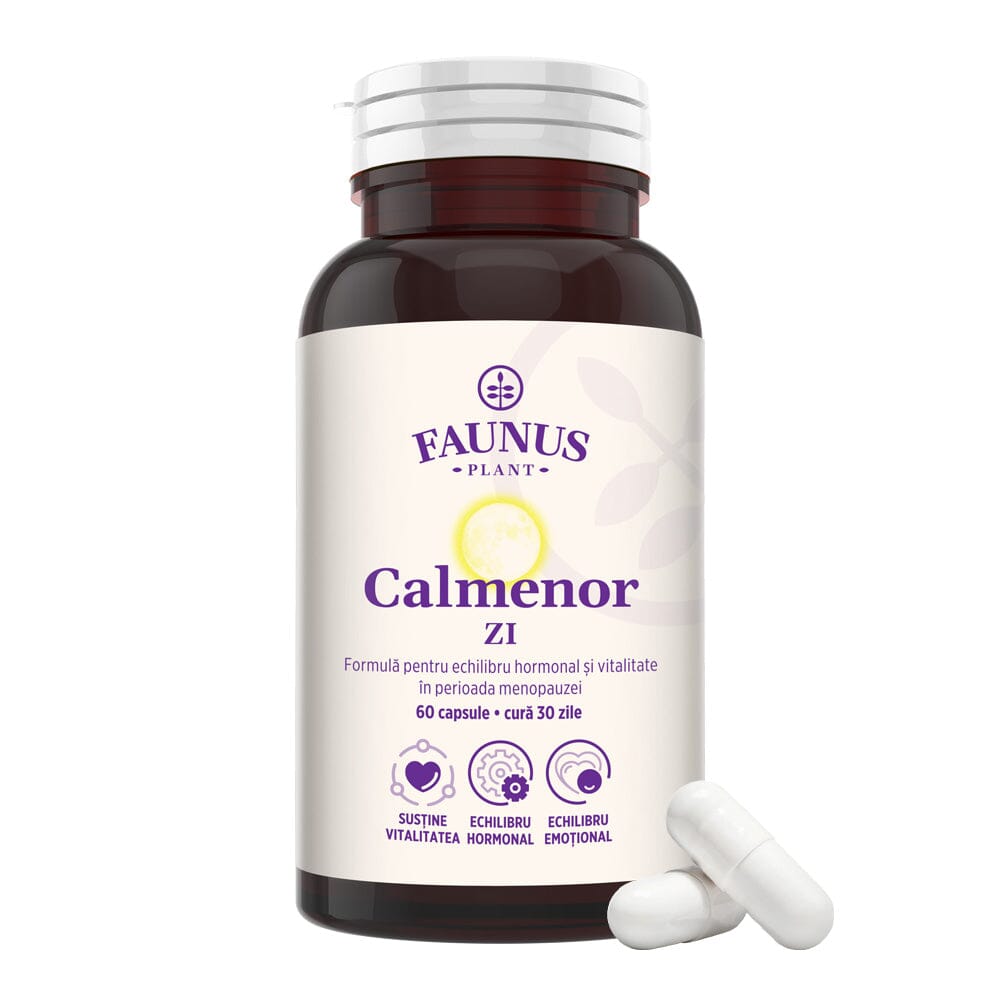 Flacon Calmenor Zi - Capsule de la Faunus Plant cu două capsule de culoare albă alături, în partea dreaptă