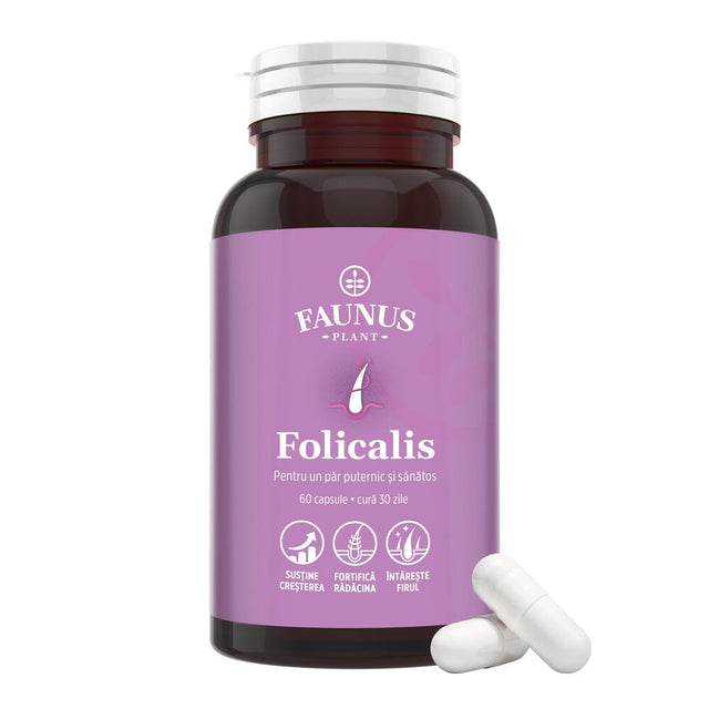Folicalis – Formulă naturală pentru păr sănătos, puternic și strălucitor cu plante, vitamine și colagen. Flacon 60 capsule Supliment alimentar Faunus Plant 