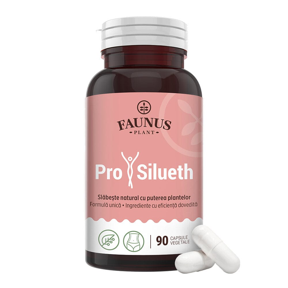 Flacon ProSilueth Capsule de la Faunus Plant cu două capsule de culoare albă alături, în partea dreaptă