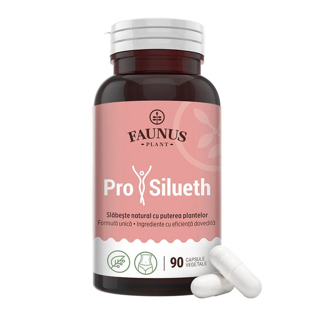 Flacon ProSilueth Capsule de la Faunus Plant cu două capsule de culoare albă alături, în partea dreaptă