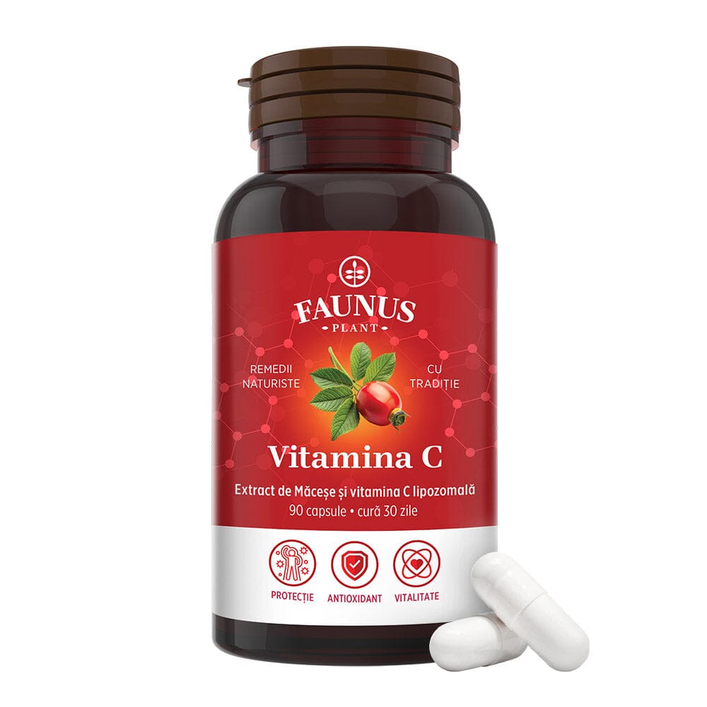 Vitamina C lipozomală cu măceșe - Concentrație mare de vitamina C pentru imunitate, absorbție fier și producerea de colagen - 90 Capsule Supliment alimentar Faunus Plant 