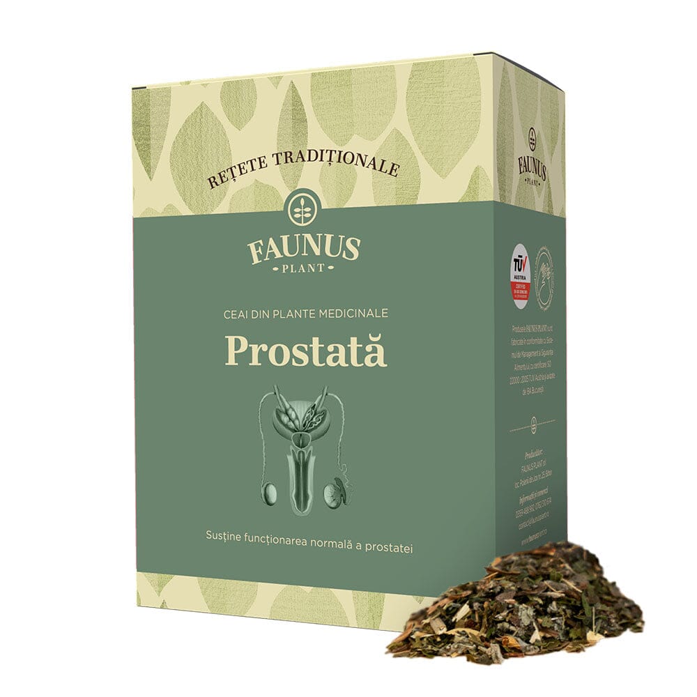 Cutie de Ceai Prostată 180g de la Faunus Plant, vedere frontală, cu design verde deschis și imaginea stilizată a aparatului urinar masculin, destinat funcționării normale a prostatei. Mostra de ceai este prezentată în partea de jos a cutiei.