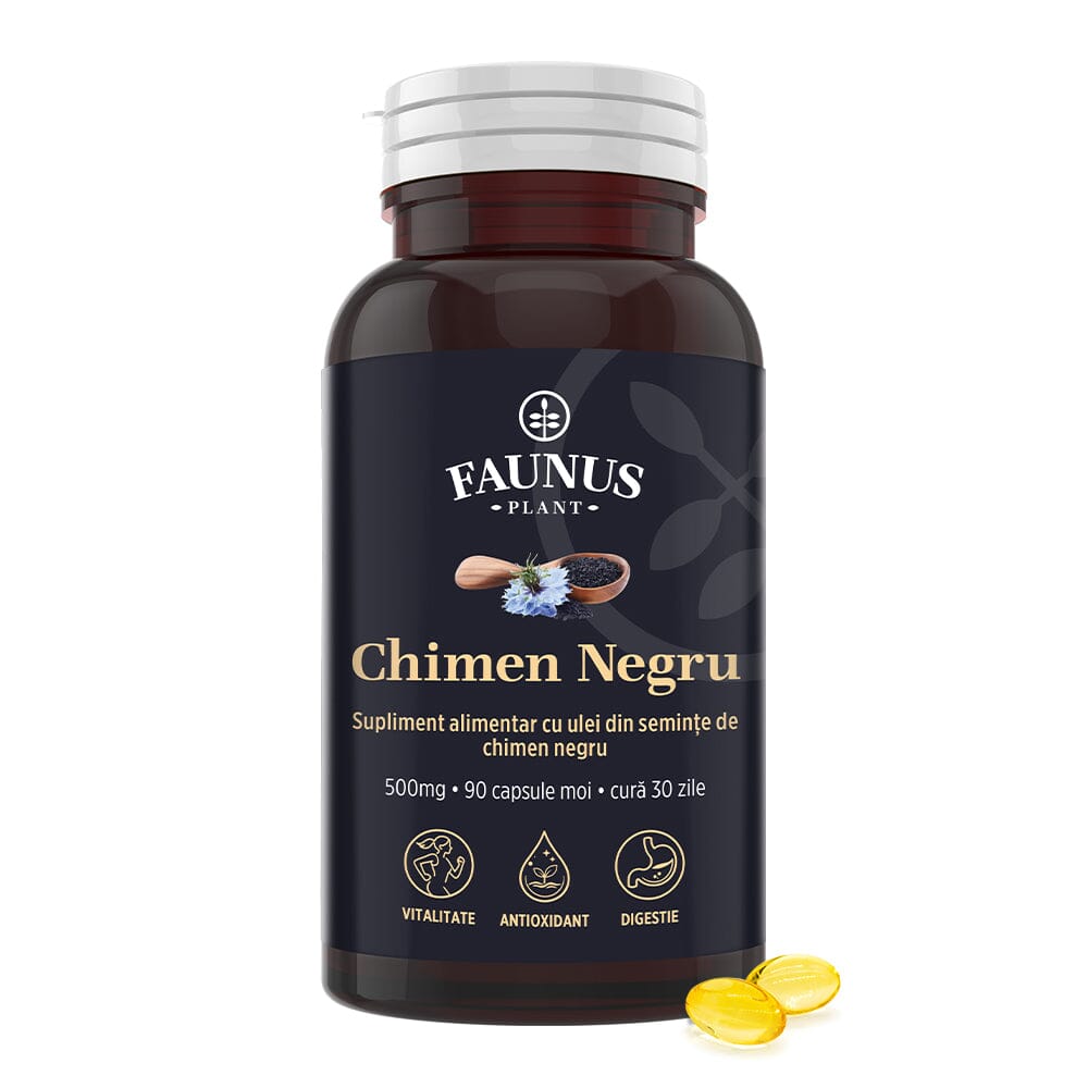 faunusplant.ro Ulei de Chimen Negru - Extract Standardizat 500 mg pentru imunitate, digestie și mobilitate. Flacon 90 capsule
