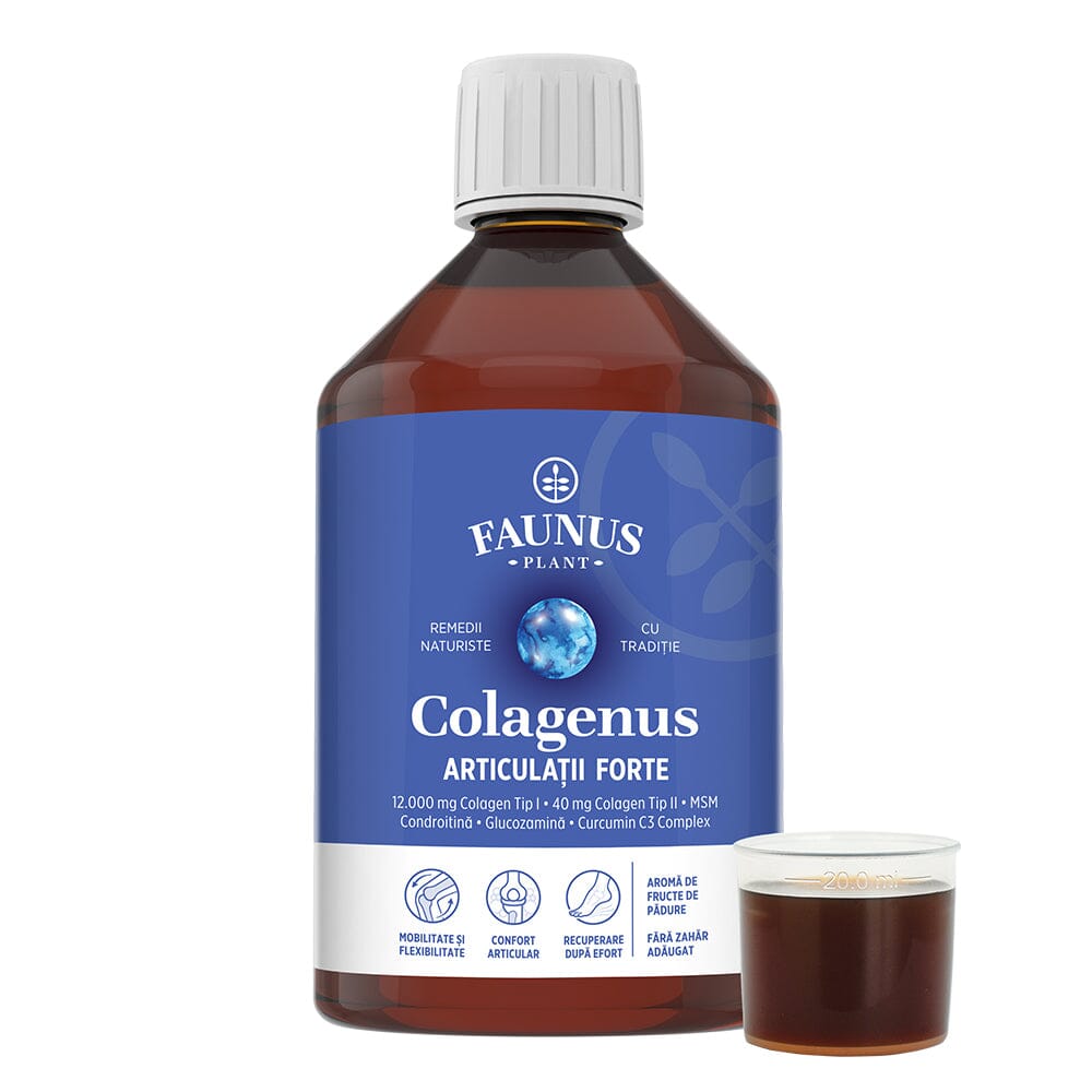 Colagenus Articulații Forte - Colagen lichid concentrat, 12.000mg colagen tip 1 și 40mg colagen tip 2. Flacon 500ml. Susține sănătatea articulațiilor, reducerea inflamațiilor și durerii reumatice, refacerea mușchilor și ligamentelor Supliment alimentar Faunus Plant 