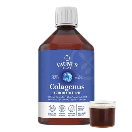 Colagenus Articulații Forte - Colagen lichid concentrat, 12.000mg colagen tip 1 și 40mg colagen tip 2. Flacon 500ml. Susține sănătatea articulațiilor, reducerea inflamațiilor și durerii reumatice, refacerea mușchilor și ligamentelor Supliment alimentar Faunus Plant 
