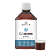 Flacon Colagenus Articulații 500ml de la Faunus Plant din față pe fundal alb cu capac cu dozator alături, care conține 15ml colagen lichid.