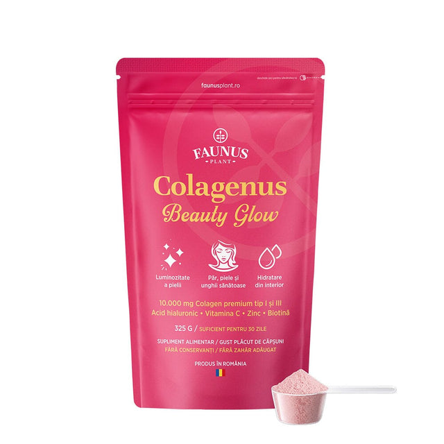 Colagenus Beauty Glow – Colagen hidrolizat pudră tip 1 și 3. Concentrație mare 10.000mg pentru piele hidratată și luminoasă, păr și unghii puternice. Pudră 325g Supliment alimentar Faunus Plant 