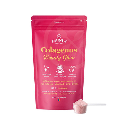 Colagenus Beauty Glow – Colagen hidrolizat pudră tip 1 și 3. Concentrație mare 10.000mg pentru piele hidratată și luminoasă, păr și unghii puternice. Pudră 325g Supliment alimentar Faunus Plant 