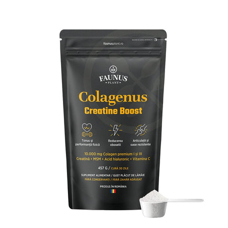 Colagenus Creatine Boost – Colagen pudră cu acid hialuronic și creatină. Colagen tip 1 și 3 pentru masa musculară, articulații sănătoase și piele hidratată. Pudră 450g Pudra Faunus Plant 