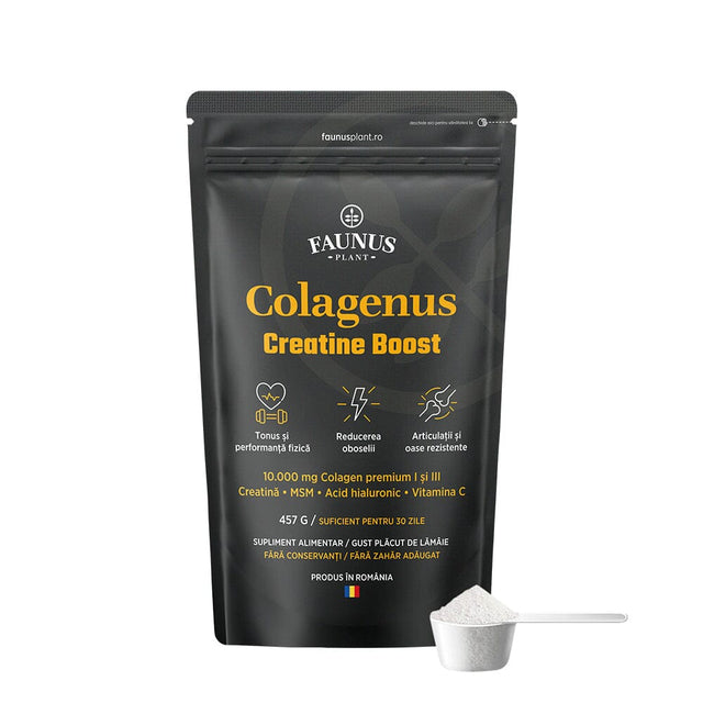 Colagenus Creatine Boost – Colagen pudră cu acid hialuronic și creatină. Colagen tip 1 și 3 pentru masa musculară, articulații sănătoase și piele hidratată. Pudră 457g Supliment alimentar Faunus Plant 