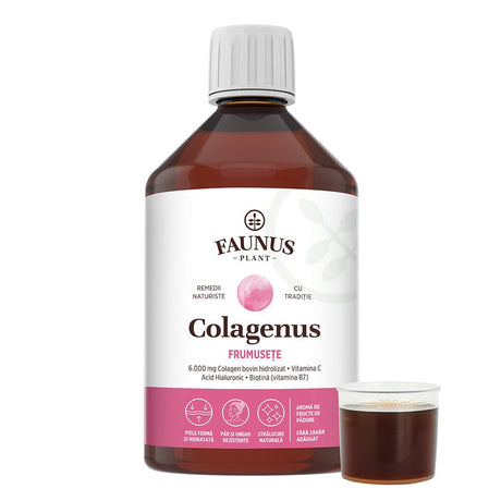 Colagenus Frumusețe - Colagen lichid hidrolizat cu acid hialuronic și biotină. Flacon 500ml. Susține sănătatea și frumusețea pielii, unghiilor și părului. Reduce ridurile și căderea părului. Întărește unghiile Supliment alimentar Faunus Plant 