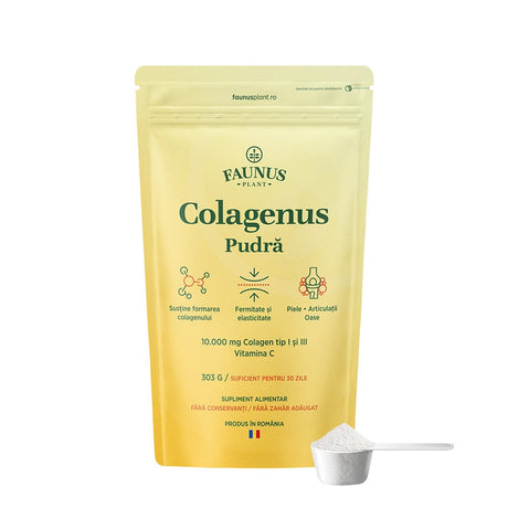 Colagenus Pudră - Colagen hidrolizat concentrat. 10.000 mg tip 1 și tip 3 cu vitamina C. Susține sănătatea articulațiilor, pielii și oaselor. Pudră 303g Supliment alimentar Faunus Plant 