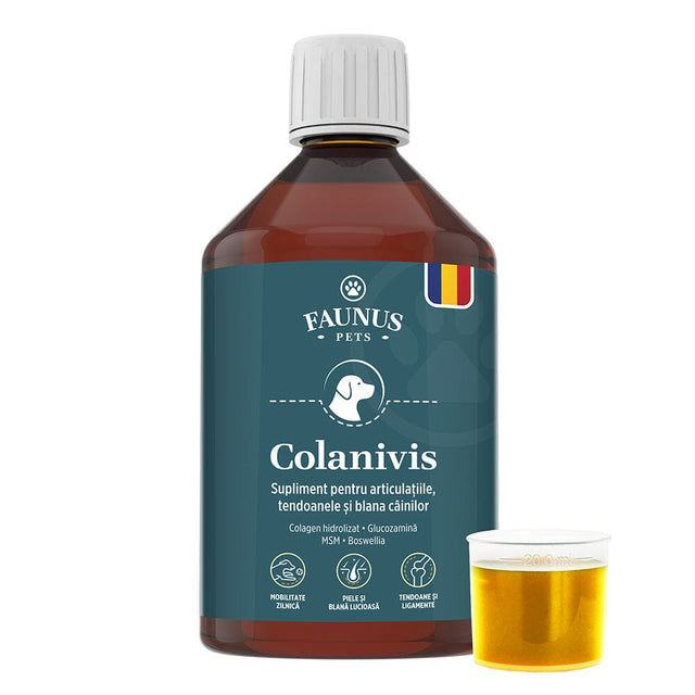 Colanivis – Colagen pentru câini. 2.500mg colagen lichid tip 1 și 3 pentru articulații puternice și blană strălucitoare. Flacon 500ml Suplimente pentru animale Faunus Plant 