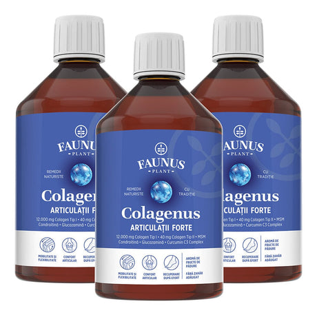 Pachet 2+1 Gratis Colagenus Articulații Forte pentru mobilitate, confort și articulații sănătoase. 12.000mg colagen tip 1 și 40mg colagen tip 2. Pachet Faunus Plant 