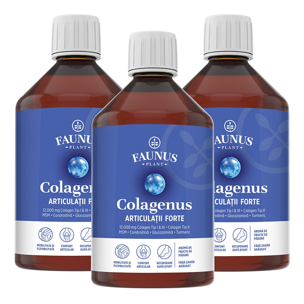 Pachet 2+1 Gratis Colagenus Articulații Forte pentru mobilitate, confort și articulații sănătoase. 12.000mg colagen tip I, II și III Pachet Faunus Plant 