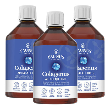 Pachet 2+1 Gratis Colagenus Articulații Forte pentru mobilitate, confort și articulații sănătoase. 12.000mg colagen tip I, II și III Pachet Faunus Plant 