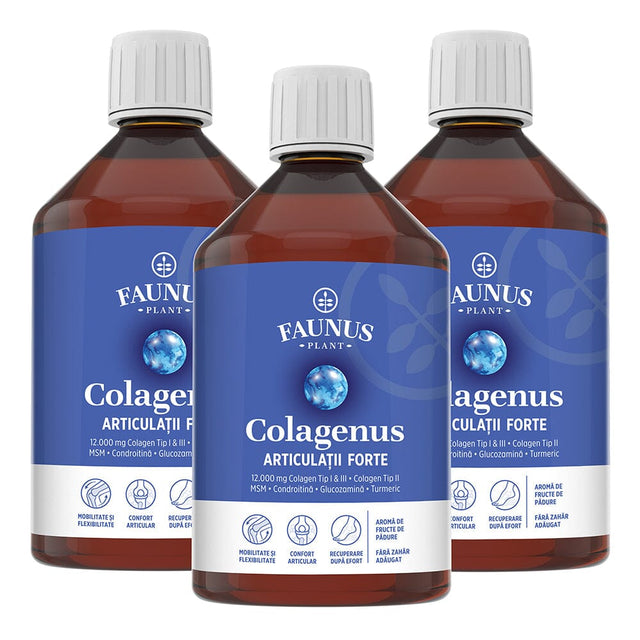Pachet 2+1 Gratis Colagenus Articulații Forte pentru mobilitate, confort și articulații sănătoase. 12.000mg colagen tip I, II și III Pachet Faunus Plant 