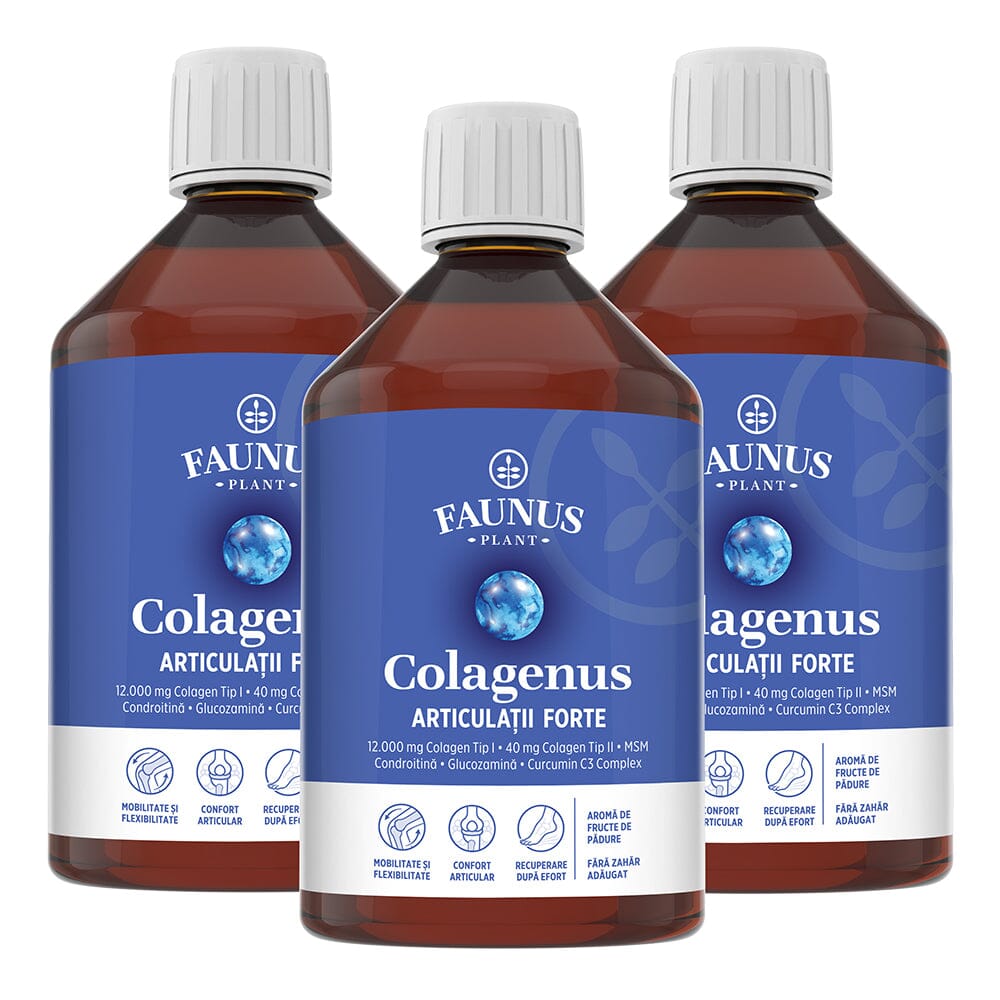 Pachet 2+1 Gratis Colagenus Articulații Forte pentru mobilitate, confort și articulații sănătoase. 12.000mg colagen tip 1 și 40mg colagen tip 2. Pachet Faunus Plant 