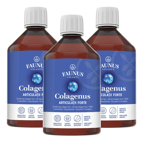 Pachet 2+1 Gratis Colagenus Articulații Forte pentru mobilitate, confort și articulații sănătoase. 12.000mg colagen tip 1 și 40mg colagen tip 2. Pachet Faunus Plant 