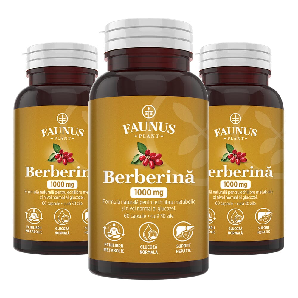 Pachet 2+1 Gratis Berberină 1000mg / 2 capsule. Echilibru metabolic, susținerea nivelului normal al glucozei, colesterolului și trigliceridelor Pachet Faunus Plant 