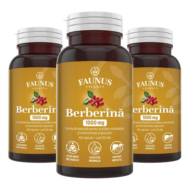 Pachet 2+1 Gratis Berberină 1000mg / 2 capsule. Echilibru metabolic, susținerea nivelului normal al glucozei, colesterolului și trigliceridelor Pachet Faunus Plant 