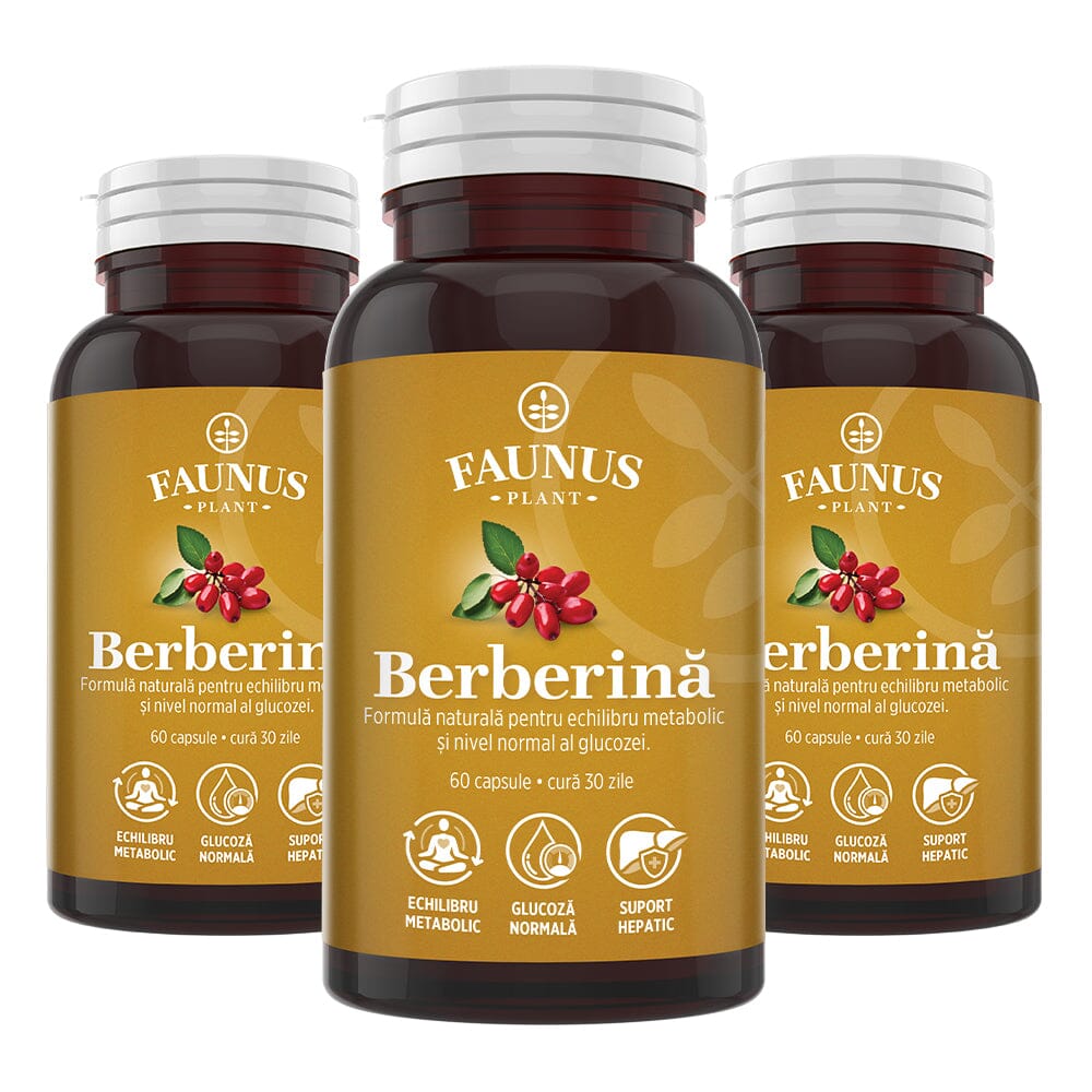 Pachet 2+1 Gratis Berberină pentru echilibru metabolic, susținerea nivelului normal al glucozei, colesterolului și trigliceridelor. 500 mg berberină/capsulă Pachet Faunus Plant 