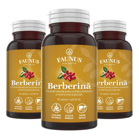 Pachet 2+1 Gratis Berberină pentru echilibru metabolic, susținerea nivelului normal al glucozei, colesterolului și trigliceridelor. 500 mg berberină/capsulă Pachet Faunus Plant 