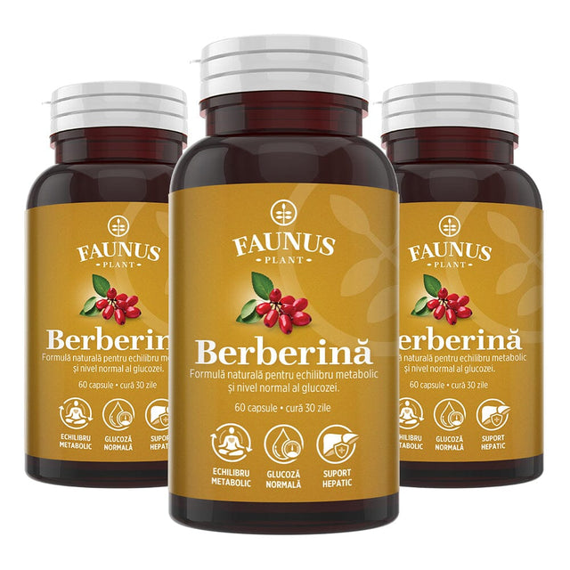 Pachet 2+1 Gratis Berberină pentru echilibru metabolic, susținerea nivelului normal al glucozei, colesterolului și trigliceridelor. 500 mg berberină/capsulă Pachet Faunus Plant 