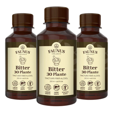 Pachet 3 sticle de Bitter fără alcool de la Faunus Plant, extract hidrogliceric din 30 de plante, prezentate frontal pe fundal alb.