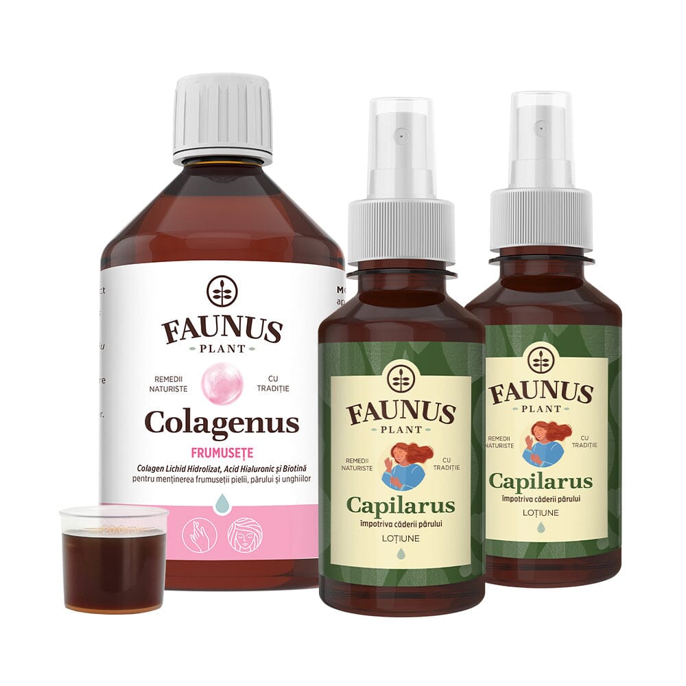 Pachet Capilarus Forte de la Faunus Plant, incluzând flacon Colagenus Frumusețe 500ml și două flacoane de Loțiune Capilarus 200ml cu pulverizator. Produse destinate menținerii sănătății părului, pielii și unghiilor. În prim-plan, o doză de produs turnată într-un recipient.