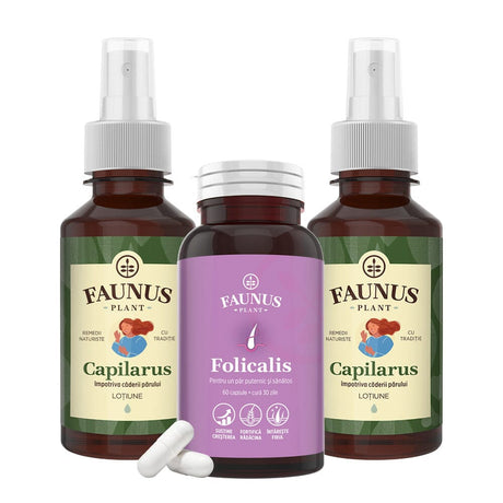 Pachet Păr Sănătos – Capsule și loțiune împotriva căderii părului, regenerarea firului și suport natural pentru rădăcini puternice Pachet Faunus Plant 