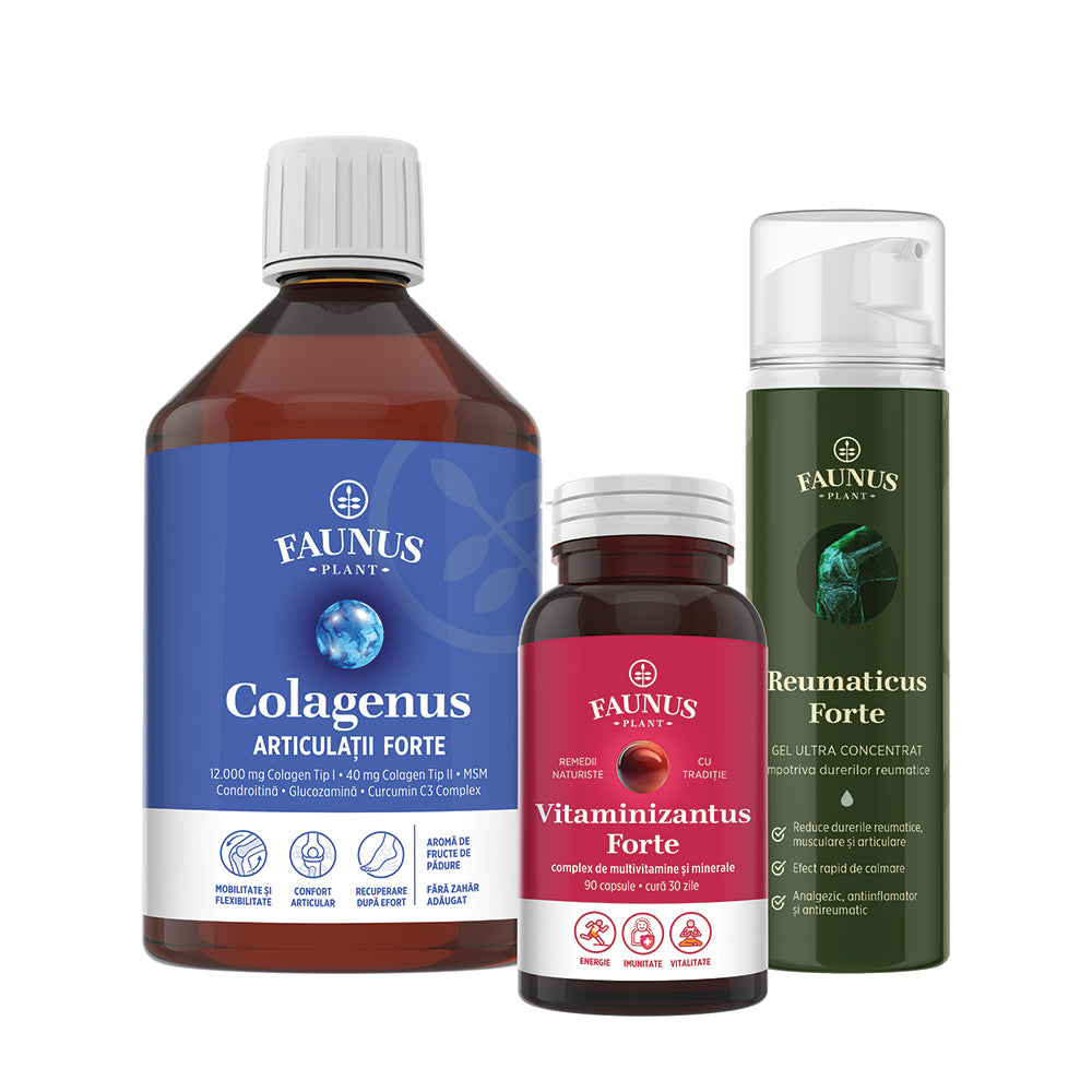 Pachet Performanță Fizică – Sprijin natural pentru antrenamente intense și refacere completă datorită dozei mari de colagen, complexului de multivitamine și minerale, și gelului ultra-concentrat din plante Pachet Faunus Plant 