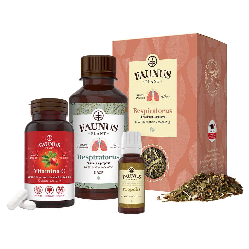 Pachet Răceală și Gripă de la Faunus Plant, compus din Ceai Respiratorus, sirop Respiratorus cu miere și propolis, tinctură de propolis și capsule de Vitamina C. Toate produsele sunt prezentate alături de ambalaje atractive și frunze de ceai vizibile.