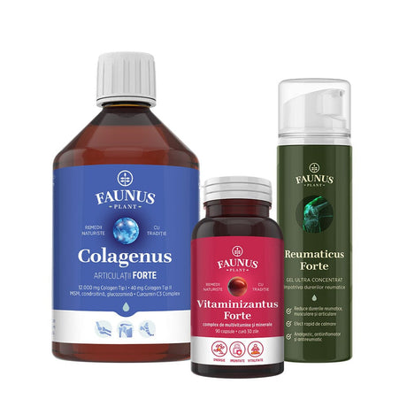 Pachet Performanță Fizică – Sprijin natural pentru antrenamente intense și refacere completă datorită dozei mari de colagen, complexului de multivitamine și minerale, și gelului ultra-concentrat din plante Pachet Faunus Plant 