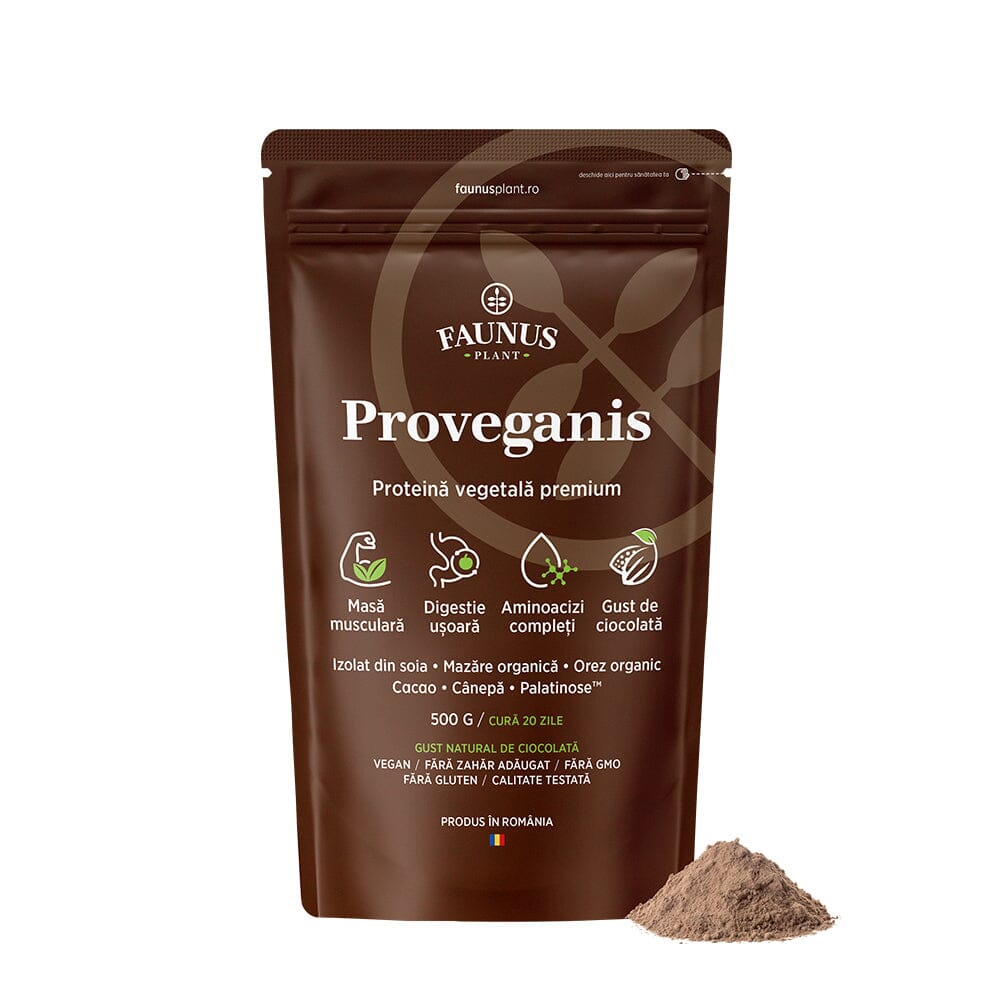 Proveganis - Proteină vegetală cu aromă de ciocolată. Amestec natural pentru energie și susținerea masei musculare. Pudră 500 g Superalimente Faunus Plant 