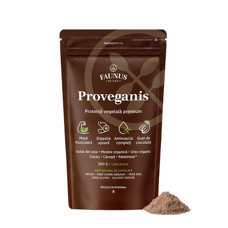 Proveganis - Proteină vegetală cu aromă de ciocolată. Amestec natural pentru energie și susținerea masei musculare. Pudră 500 g Superalimente Faunus Plant 