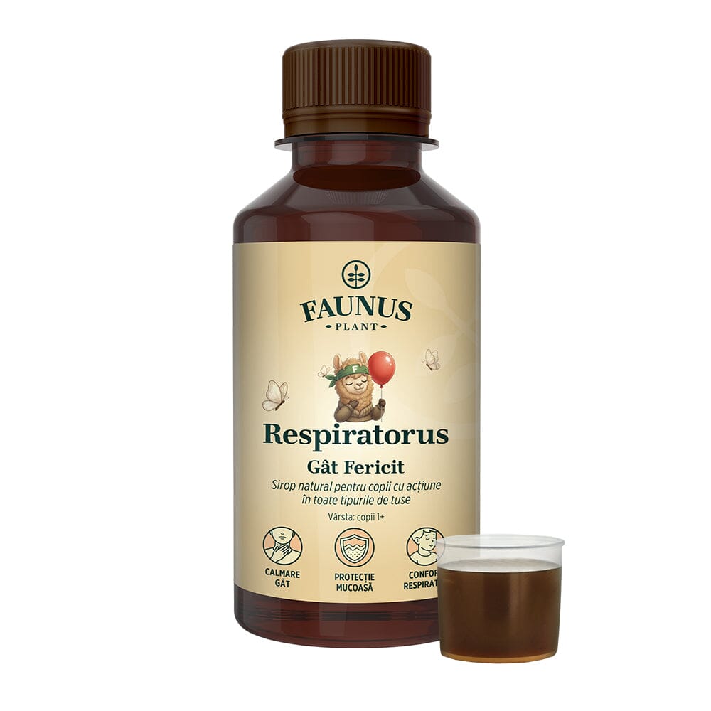 Respiratorus Gât Fericit – Sirop pentru copii. Susține confortul gâtului și căilor respiratorii. Flacon 200ml Sirop cu miere Faunus Plant 