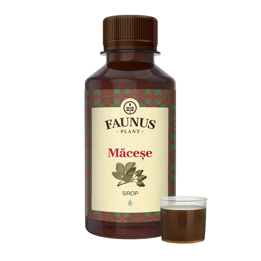 Sirop Măceșe de 200 ml de la Faunus Plant pozat din față pe fundal alb cu capac dozator alături care conține mostră de sirop