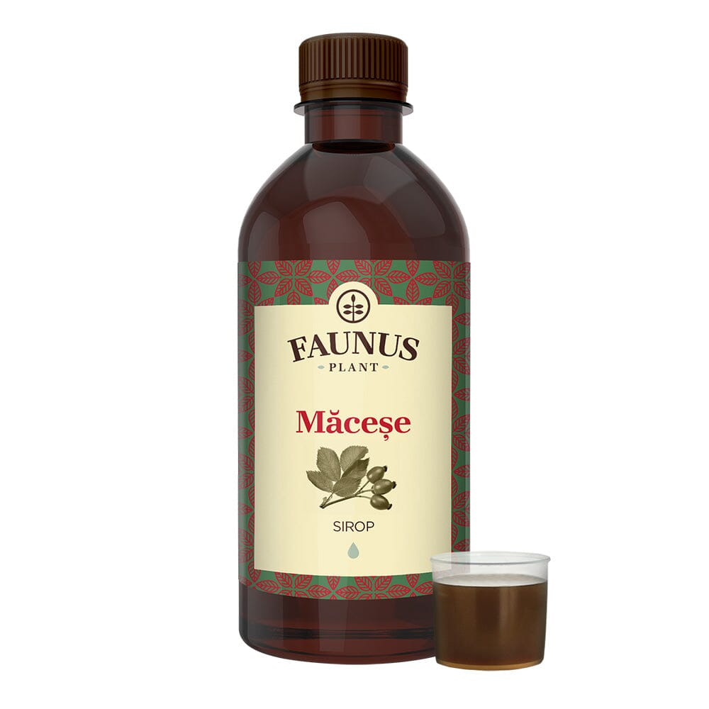 Sirop Măceșe de 500 ml de la Faunus Plant pozat din față pe fundal alb cu capac dozator alături care conține mostră de sirop.