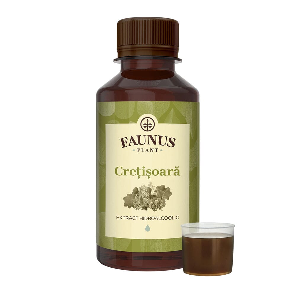 Flacon Tinctura Crețișoara de 200ml, căreia i se observă eticheta frontală, logo și denumirea. În dreapta produsului, o mostră reprezentativă.